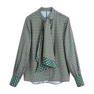 Zara Green Patterned Button Front Bow Tie Top SZ S